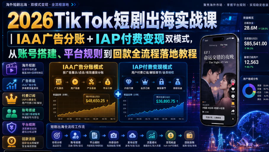 2026TikTok短剧出海实战课｜IAA广告分账+IAP付费变现双模式，从账号搭建、平台规则到回款全流程落地教程-智富思维学堂