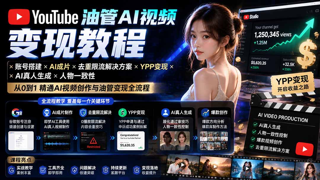 YouTube油管AI视频变现教程：账号搭建×AI成片×去重限流解决方案×YPP变现×AI真人生成×人物一致性-智富思维学堂