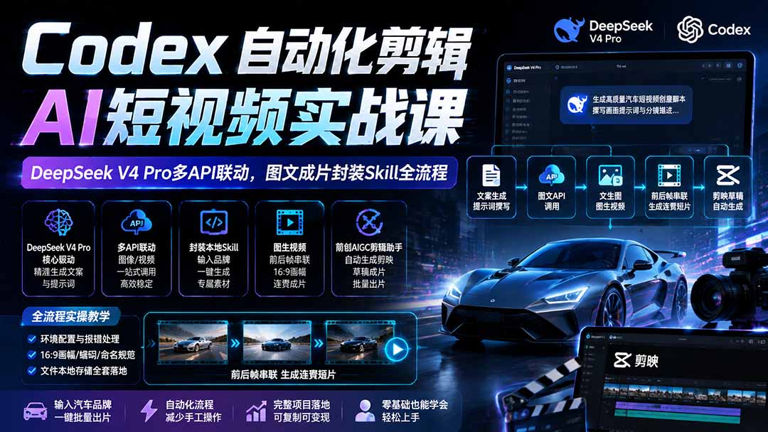 图片[2]-Codex自动化剪辑AI短视频实战课｜DeepSeek V4 Pro多API联动，图文成片封装Skill全流程-智富思维学堂