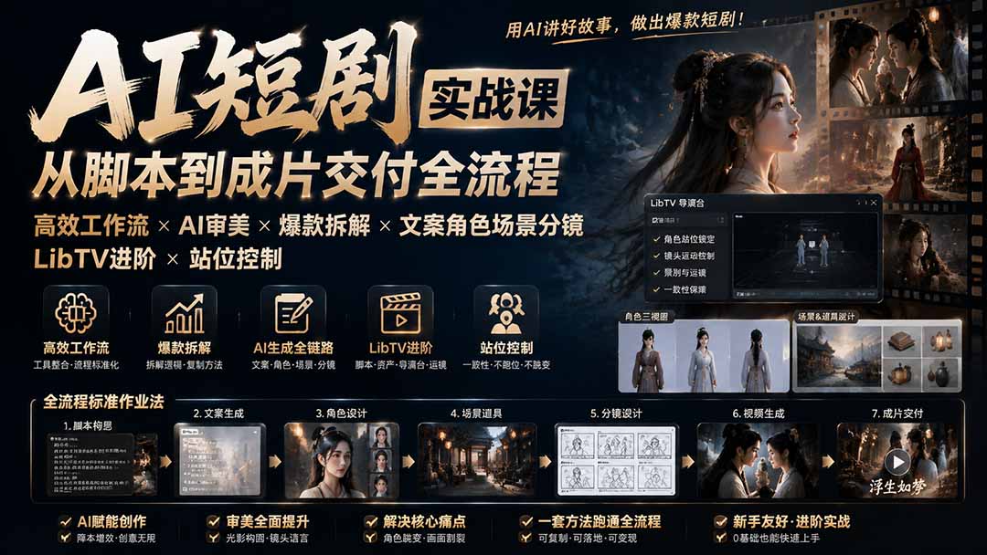 AI短剧实战课：高效工作流×AI审美×爆款拆解×文案角色场景分镜×LibTV进阶×站位控制×从脚本到成片交付全流程-智富思维学堂