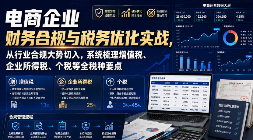 电商企业财务合规与税务优化实战，从行业合规大势切入，系统梳理增值税、企业所得税、个税等全税种要点-智富思维学堂