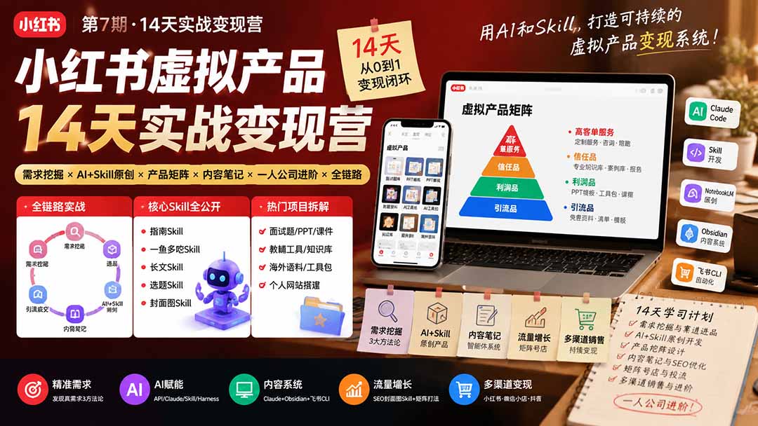 小红书虚拟产品14天实战变现营-第7期：需求挖掘×AI+Skill原创×产品矩阵×内容笔记×一人公司进阶×全链路-智富思维学堂