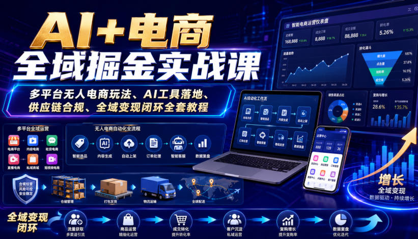 AI+电商全域掘金实战课|多平台无人电商玩法、AI工具落地、供应链合规、全域变现闭环全套教程-智富思维学堂