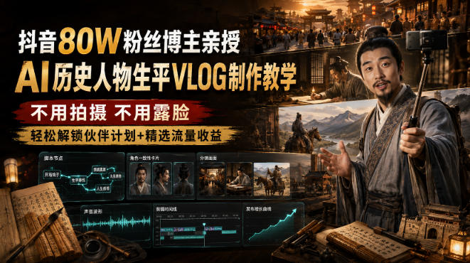 抖音80W粉丝博主的AI历史人物生平VLOG教学,不用拍摄不用露脸,AI帮你搞定,轻松解锁伙伴计划+精选收益-智富思维学堂