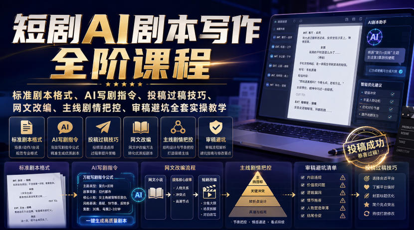 短剧AI剧本写作全阶课程｜标准剧本格式、AI写剧指令、投稿过稿技巧、网文改编、主线剧情把控、审稿避坑全套实操教学-智富思维学堂