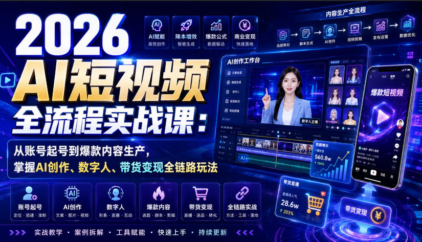 2026 AI短视频全流程实战课:从账号起号到爆款内容生产,掌握AI创作、数字人、带货变现全链路玩法-智富思维学堂