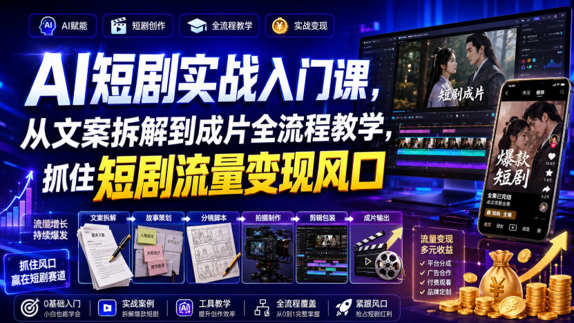 AI短剧实战入门课,从文案拆解到成片全流程教学,抓住短剧流量变现风口-智富思维学堂