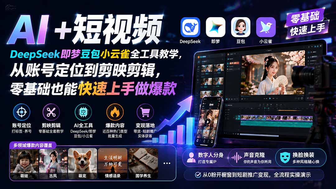 图片[2]-AI+短视频｜DeepSeek即梦豆包小云雀全工具教学，从账号定位到剪映剪辑，零基础也能快速上手做爆款-智富思维学堂