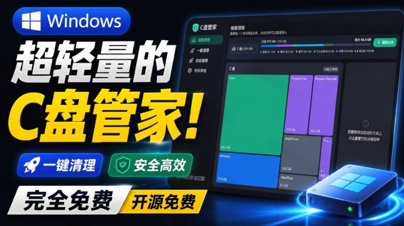 Windows超轻量的C盘管家!超级有特点,支持磁盘分析及清理提醒,2M大小体积,完全免费C盘管家-智富思维学堂