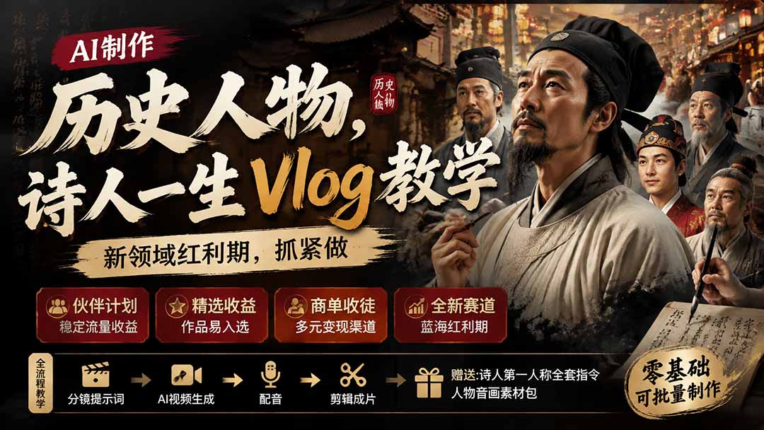 图片[2]-历史人物，诗人一生Vlog教学， AI制作丨伙伴计划丨精选收益丨商单收徒 ，新领域红利期，抓紧做-智富思维学堂