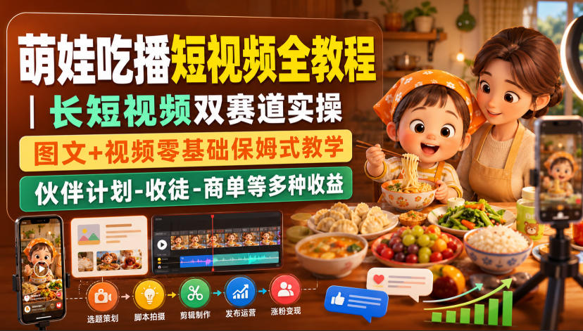 萌娃吃播短视频全教程|长短视频双赛道实操,图文+视频零基础保姆式教学,伙伴计划-收徒-商单等多种变现方式-智富思维学堂