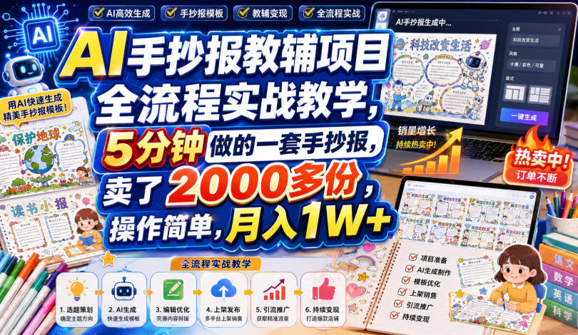 AI手抄报教辅项目全流程实战教学,5分钟做的一套手抄报,卖了2000多份,操作简单,月入1W+-智富思维学堂