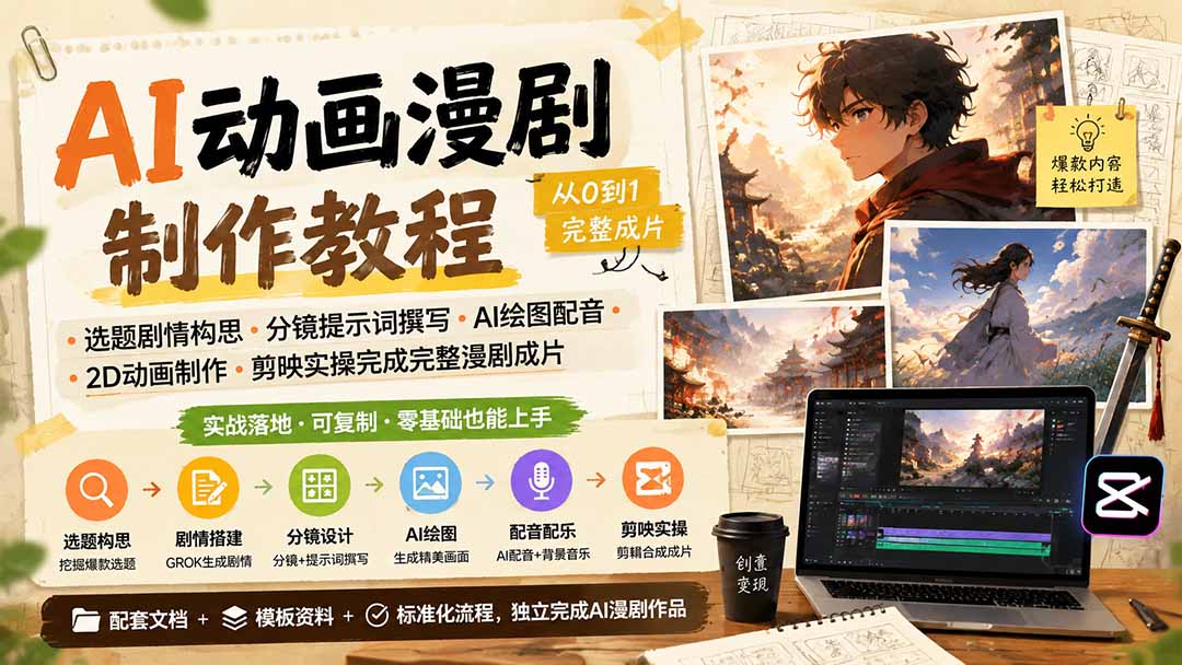 AI动画漫剧制作教程|选题剧情构思·分镜提示词撰写·AI绘图配音·2D动画制作·剪映实操完成完整漫剧成片-智富思维学堂