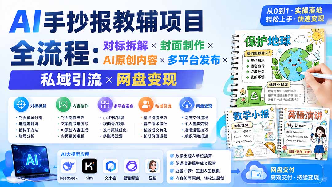 AI手抄报教辅项目全流程：对标拆解×封面制作×AI原创内容×多平台发布×私域引流×网盘变现-智富思维学堂