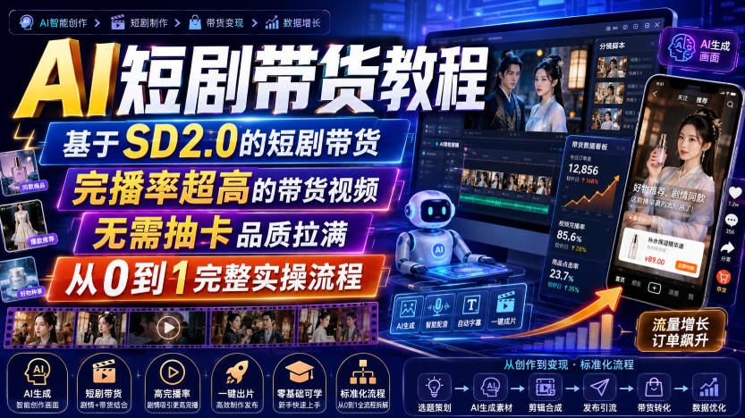 AI短剧带货教程,基于SD2.0的短剧带货,完播率超高的带货视频,无需抽卡品质拉满,从0到1完整实操流程-智富思维学堂