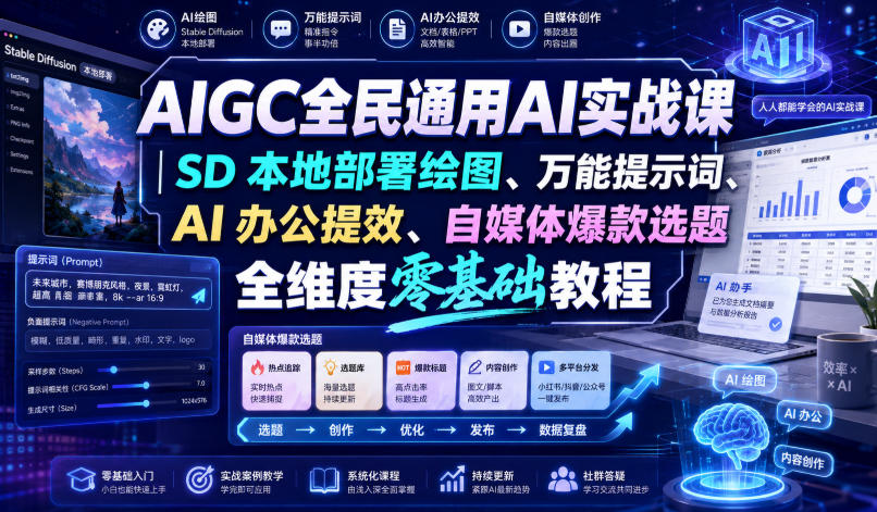 AIGC全民通用AI实战课｜SD本地部署绘图、万能提示词、AI办公提效、自媒体爆款选题全维度零基础教程-智富思维学堂