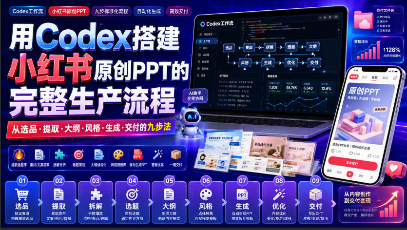 用Codex搭建小红书原创PPT的完整生产流程，从选品·提取·大纲·风格·生成·交付的九步法-智富思维学堂