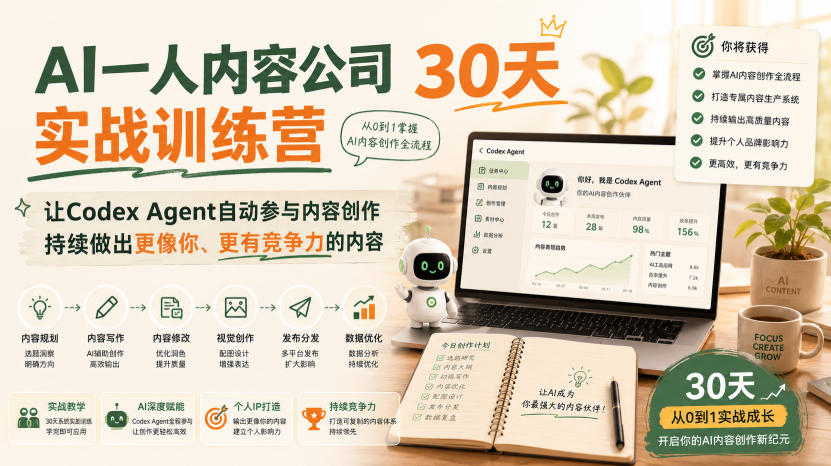 AI一人内容公司30天实战训练营,让Codex Agent自动参与内容创作持续做出更像你、更有竞争力的内容-智富思维学堂
