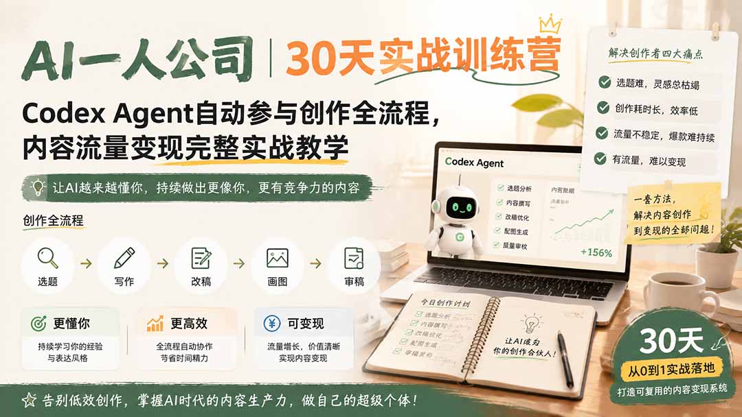 AI一人公司｜30天实战训练营；Codex Agent自动参与创作全流程，内容流量变现完整实战教学-智富思维学堂
