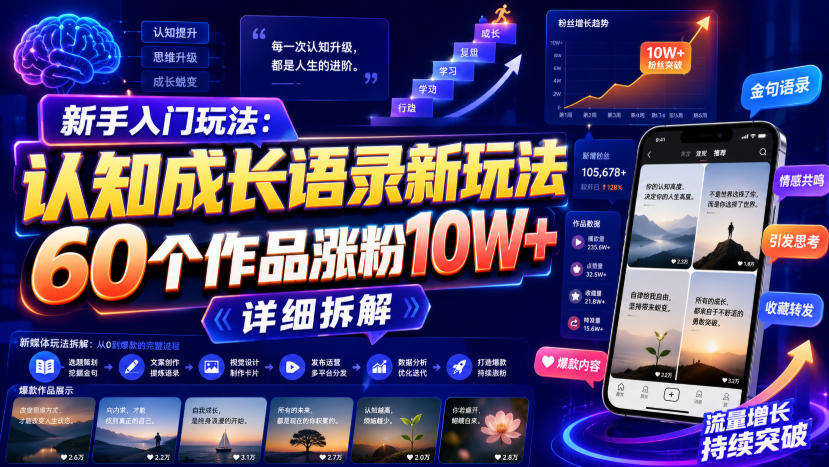 新手入门玩法:认知成长语录新玩法,60个作品涨粉10W+,详细拆解-智富思维学堂