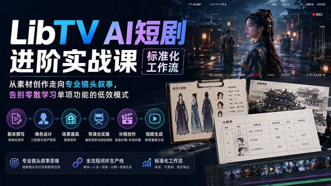 LibTV AI短剧进阶实操课标准化工作流；从素材创作走向专业镜头叙事，告别零散学习单项功能的低效模式-智富思维学堂