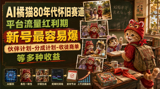 AI橘猫80年代怀旧赛道，平台流量红利期，新号最容易爆，伙伴计划-分成计划-收徒商单等多种收益-智富思维学堂