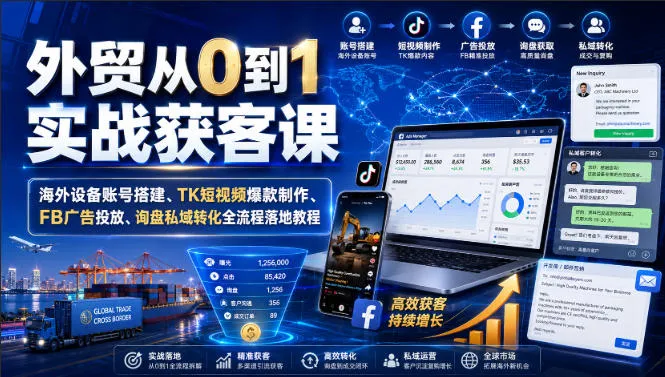 外贸从0到1实战获客课|海外设备账号搭建、TK短视频爆款制作、FB广告投放、询盘私域转化全流程落地教程-智富思维学堂