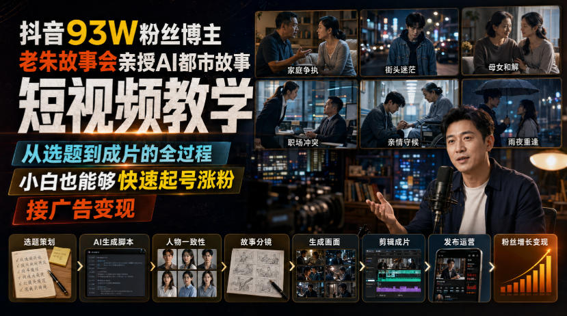 抖音93W粉丝博主老朱故事会亲授AI都市故事短视频教学，从选题到成片的全过程，小白也能够快速起号涨粉接广告变现-智富思维学堂