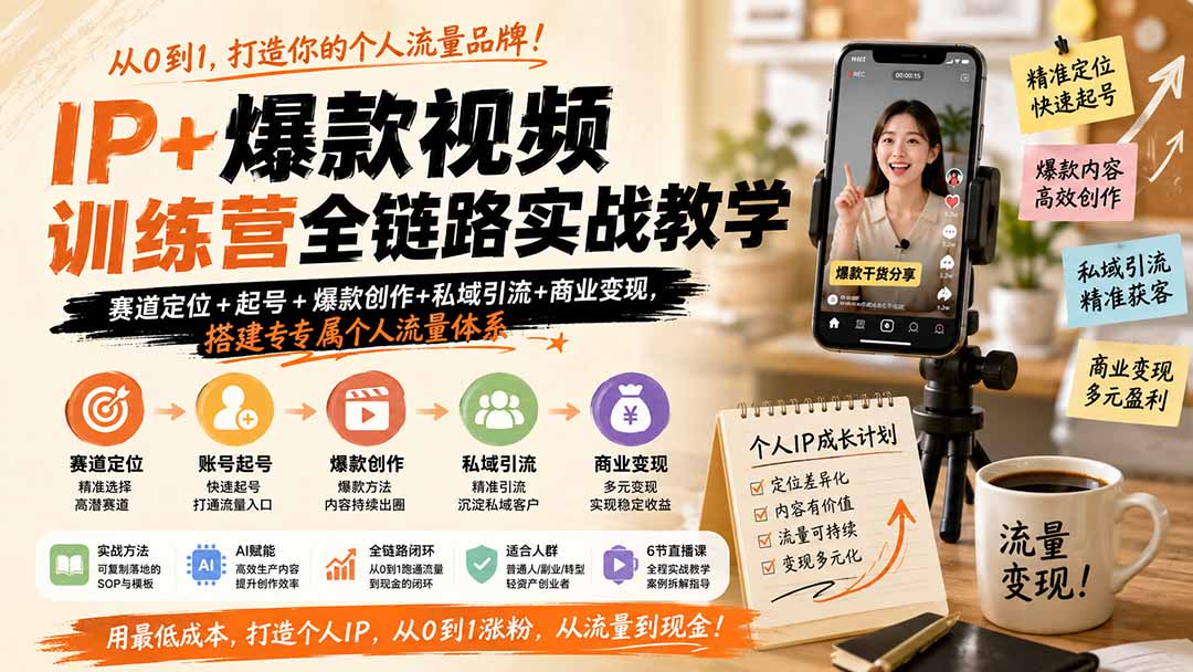 IP+爆款视频训练营全链路实战教学;赛道定位+起号+爆款创作+私域引流+商业变现,搭建专属个人流量体系-智富思维学堂