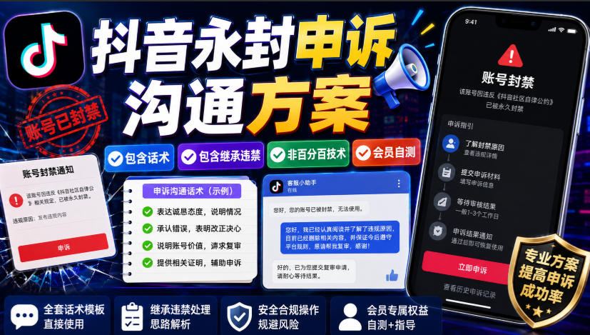 抖音永封申诉沟通方案，包含话术，包含继承违禁，非百分百技术，会员自测-智富思维学堂