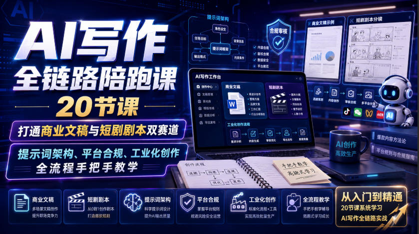 AI写作全链路陪跑课|20节课打通商业文稿与短剧剧本双赛道,提示词架构、平台合规、工业化创作全流程手把手教学-智富思维学堂