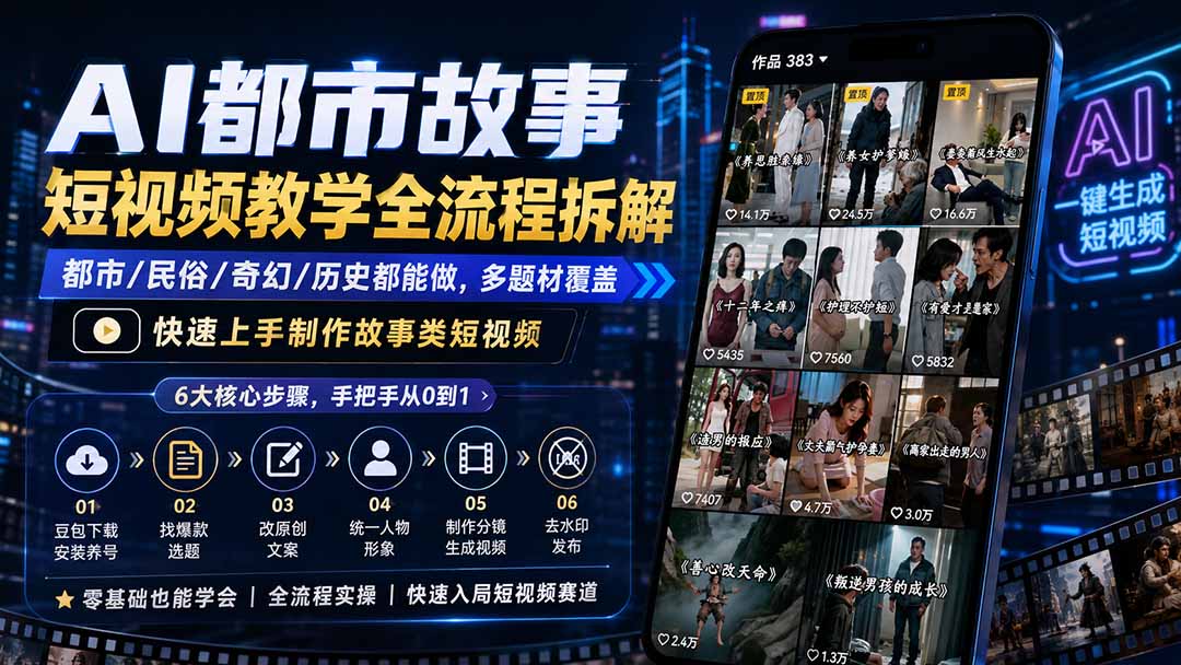 AI都市故事短视频教学全流程拆解；都市/民俗/奇幻/历史都能做多题材覆盖，快速上手制作故事类短视频-智富思维学堂