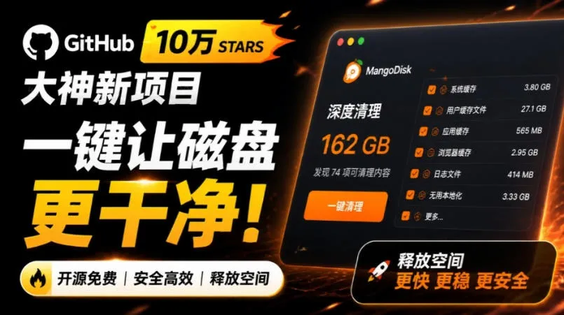 在Gtihub上做出10万stars的大神,又发布新项目了!一键让磁盘更干净,开源免费清理工具MangoDisk-智富思维学堂