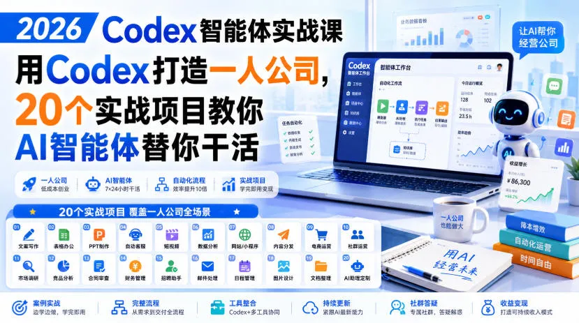 2026 Codex智能体实战课,用Codex打造一人公司,20个实战项目教你AI智能体替你干活-智富思维学堂