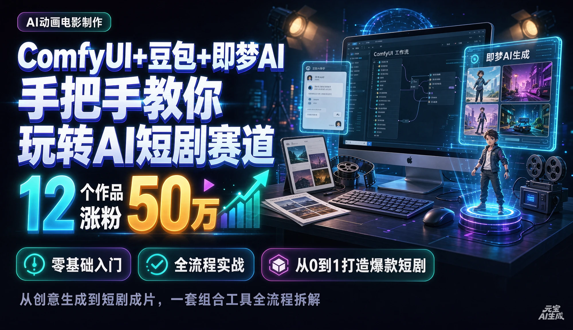 【精】AI动画电影制作,12个作品涨粉50万,手把手教你ComfyUI+豆包+即梦AI玩转AI短剧赛道-智富思维学堂