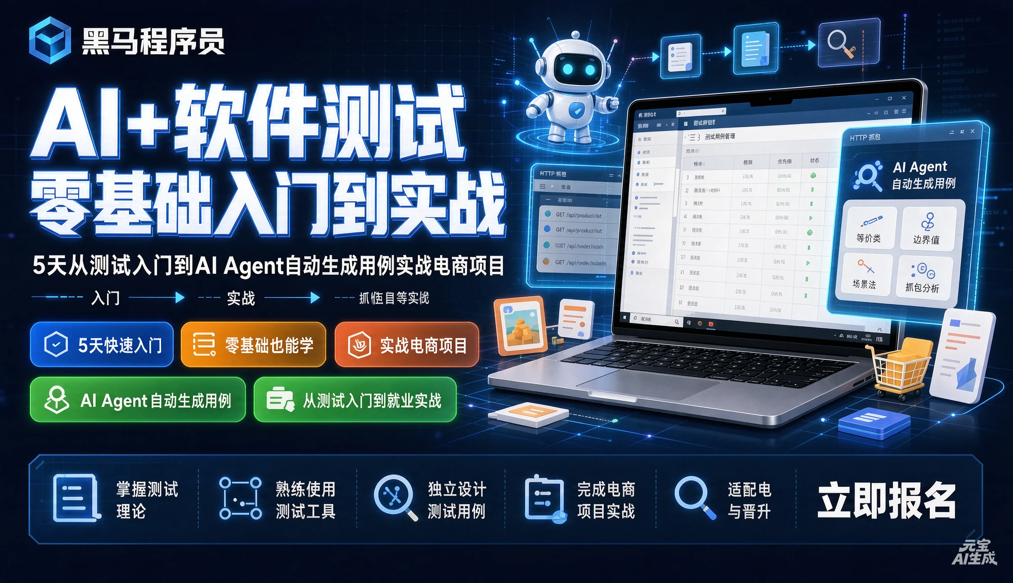 【精】黑马程序员AI+软件测试零基础入门到实战,5天从测试入门到AI Agent自动生成用例实战电商项目,等价类、边界值、抓包等全覆盖-智富思维学堂