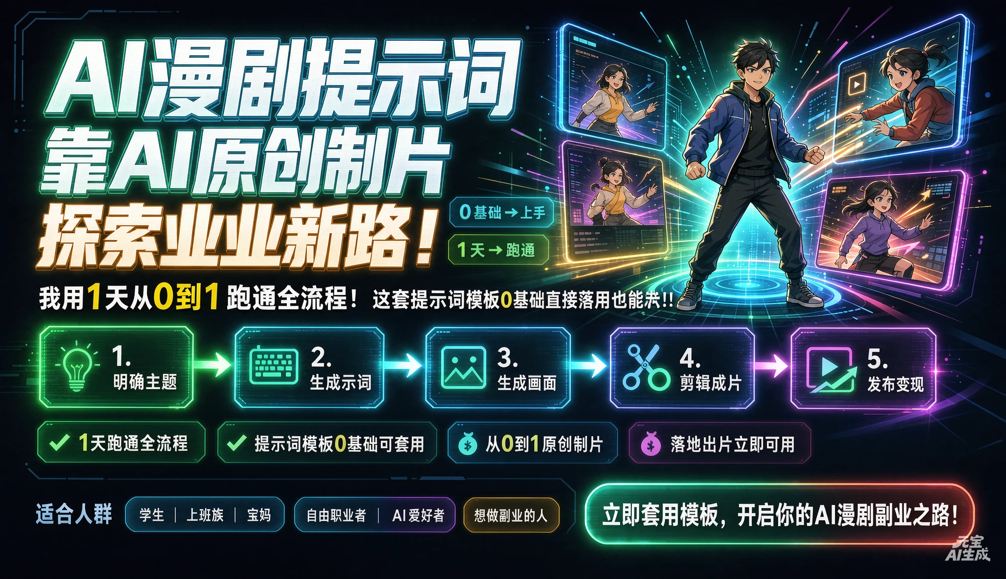 【精】AI漫剧.提示词靠AI原创制片探索副业新路!我用1天从0到1跑通全流程,这套提示词模板0基础直接套用也能落地出片!!-智富思维学堂