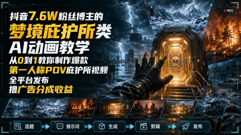 抖音7.6W粉丝博主的梦境庇护所类AI动画教学，从0到1教你制作爆款第一人称POV庇护所视频，全平台发布撸广告分成收益-智富思维学堂