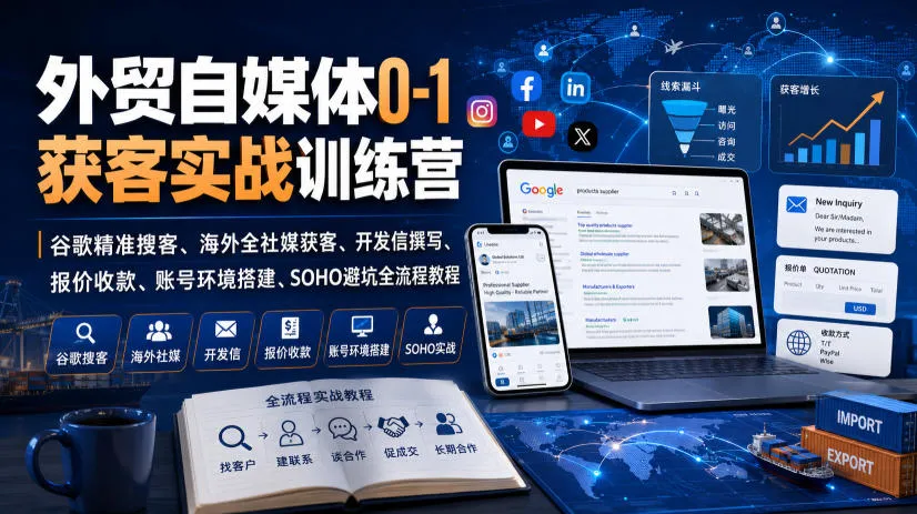 外贸自媒体0-1获客实战训练营|谷歌精准搜客、海外全社媒获客、开发信撰写、报价收款、账号环境搭建、SOHO避坑全流程教程(更新)-智富思维学堂
