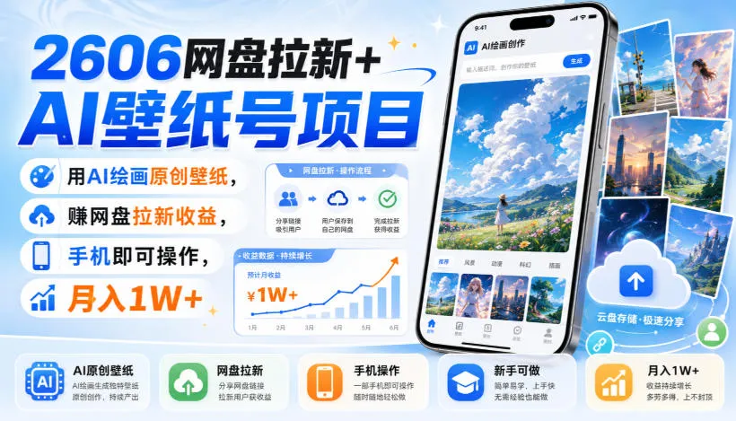 2606网盘拉新+AI壁纸号项目,用AI绘画原创壁纸,賺网盘拉新收益,手机即可操作,月入1W+-智富思维学堂