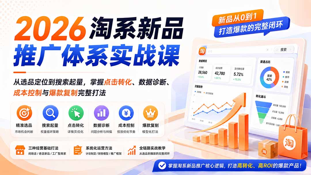 2026淘系新品推广体系实战课：从选品定位到搜索起量，掌握点击转化、数据诊断、成本控制与爆款复制完整打法-智富思维学堂
