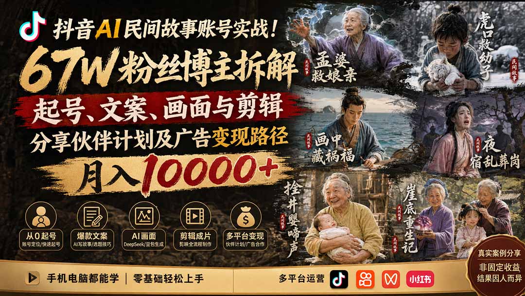 图片[2]-抖音AI民间故事账号实战！67W粉丝博主拆解起号、文案、画面与剪辑，分享伙伴计划及广告变现路径，月入10000+-智富思维学堂