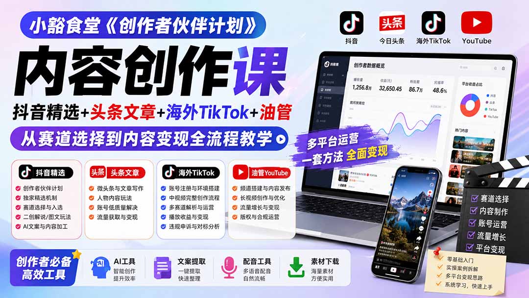 小豁食堂《创作者伙伴计划》内容创作课：抖音精选+头条文章+海外TikTok+油管，从赛道选择到内容变现全流程教学-智富思维学堂