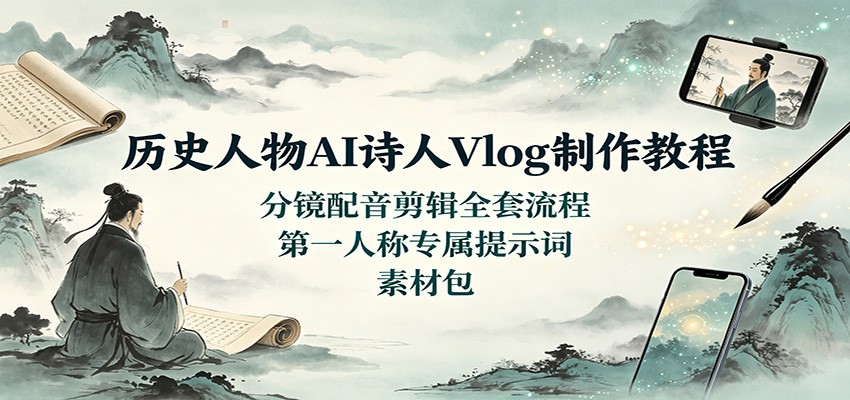 历史人物AI诗人Vlog制作教程：分镜配音剪辑全套流程，第一人称专属提示词素材包-智富思维学堂