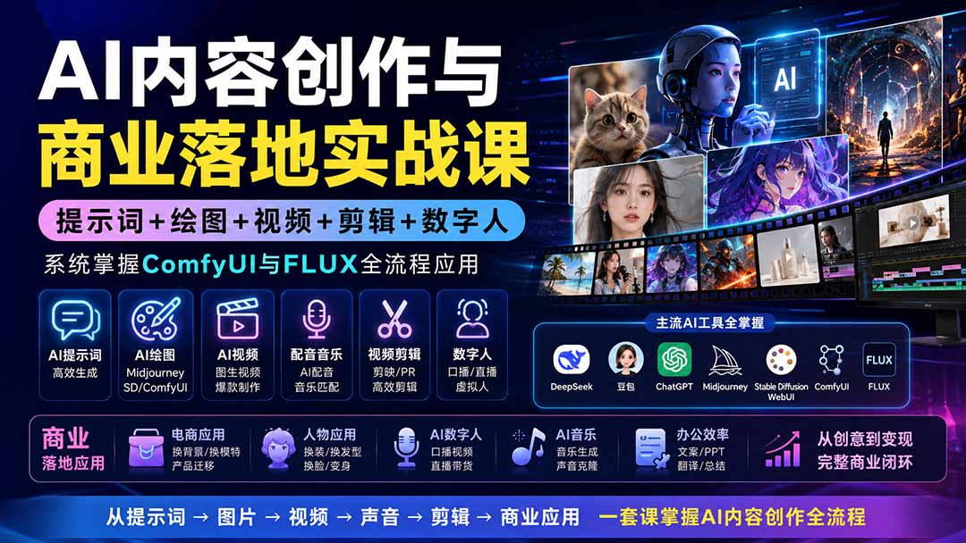 图片[2]-AI内容创作与商业落地实战课：提示词+绘图+视频+剪辑+数字人，系统掌握ComfyUI与FLUX全流程应用-智富思维学堂