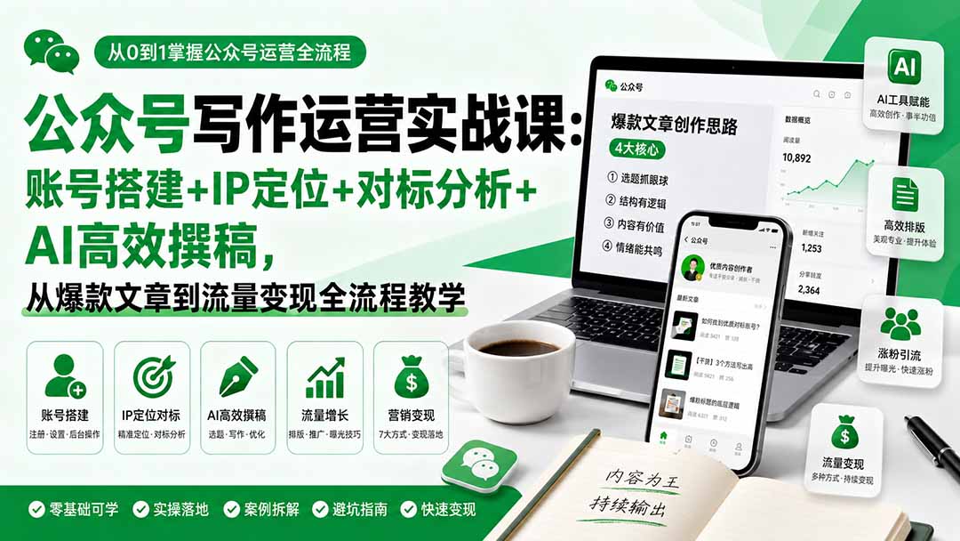 公众号写作运营实战课：账号搭建+IP定位+对标分析+AI高效撰稿，从爆款文章到流量变现全流程教学-智富思维学堂