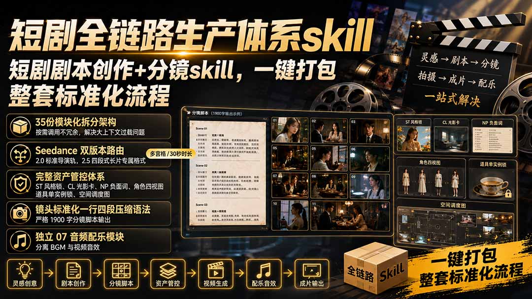 短剧全链路生产体系skill，短剧剧本创作+分镜skill，一键打包，整套标准化流程-智富思维学堂