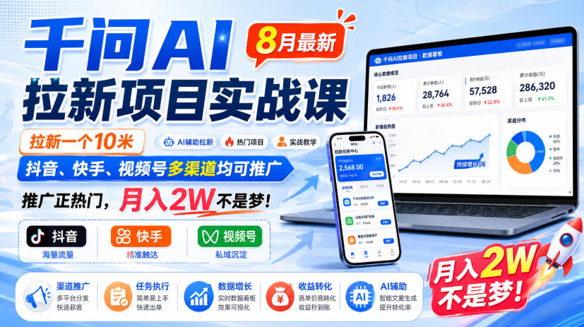 千问AI拉新项目实战课8月最新，拉新一个10米，抖音、快手、视频号多渠道均可推广，推广正热门，月入2W不是梦!-智富思维学堂