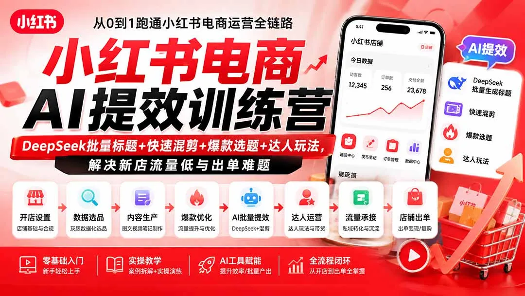 小红书电商AI提效训练营—DeepSeek批量标题+快速混剪+爆款选题+达人玩法，解决新店流量低与出单难题-智富思维学堂