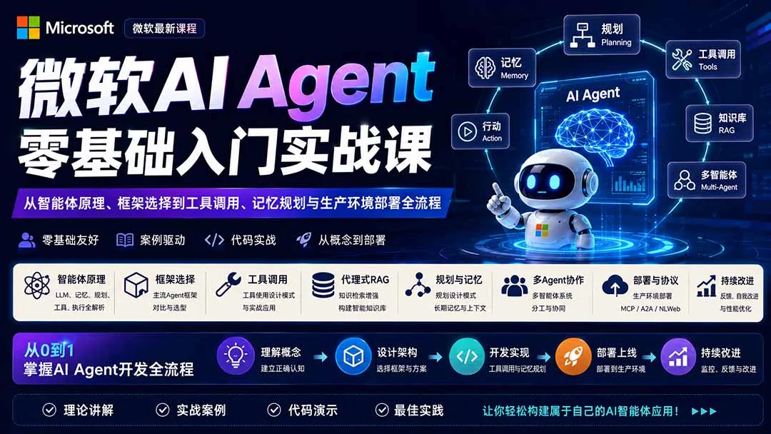微软AI Agent零基础入门实战课：从智能体原理、框架选择到工具调用、记忆规划与生产环境部署全流程-智富思维学堂